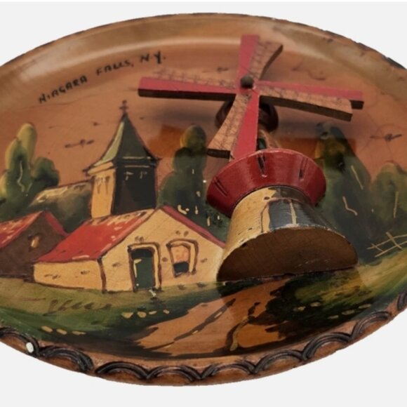 Vintage Hand Painted Dutch WINDMILL PLATE Wood Wall Hanging 7" Holland Made 2143 - Picture 10 of 15